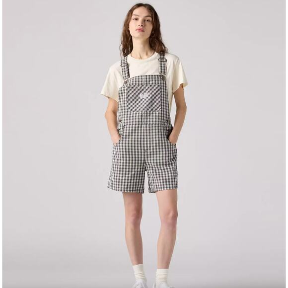 Levi's Utility Shortalls Milo Plaid Brown Overall Short Small Cotton Twill Fall - Picture 7 of 11
